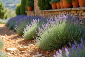 Parterre méditerranéen fleuri avec lavande, romarin et armoise argentée poussant dans un sol rocailleux et sec devant un muret en pierre