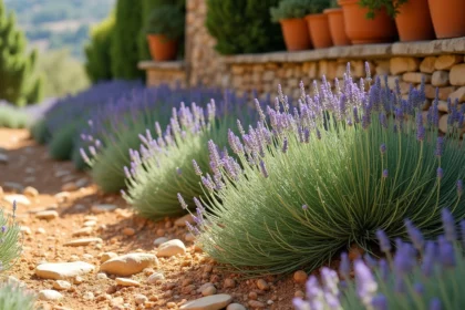 Parterre méditerranéen fleuri avec lavande, romarin et armoise argentée poussant dans un sol rocailleux et sec devant un muret en pierre