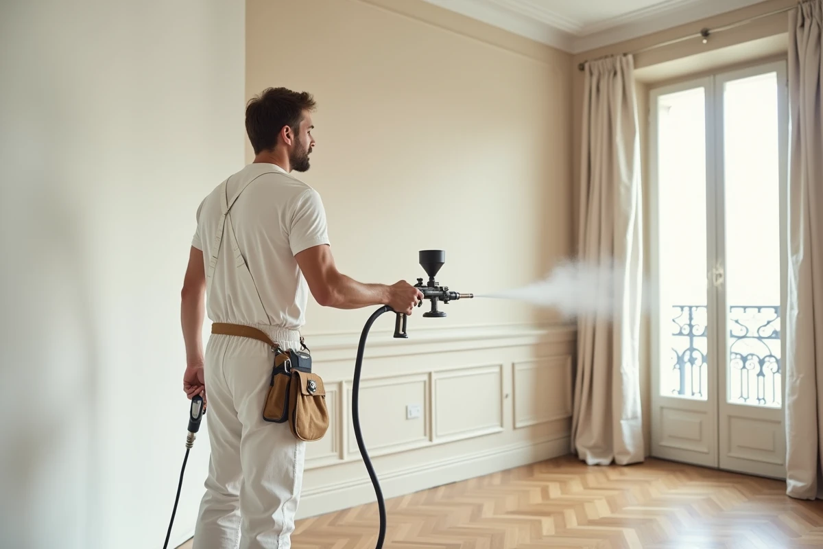 Peintre professionnel en combinaison blanche appliquant de la peinture au pistolet airless dans un appartement haussmannien parisien avec parquet en point de Hongrie