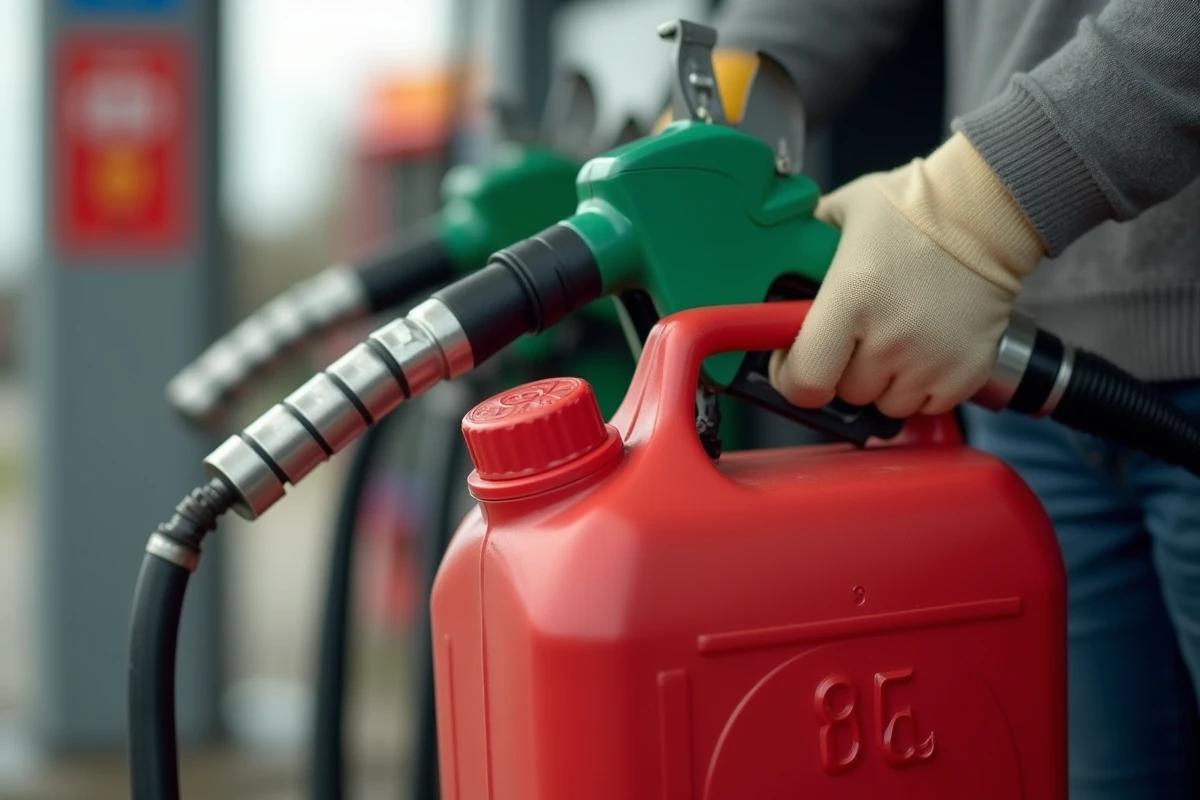 Deux pistolets de pompe à essence 95 et 98 tenus près d'un jerrican rouge pour tondeuse à gazon