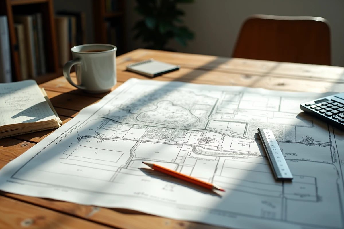 Plan cadastral d'un terrain posé sur un bureau avec règle et calculatrice pour convertir des ares en hectares et estimer la valeur foncière