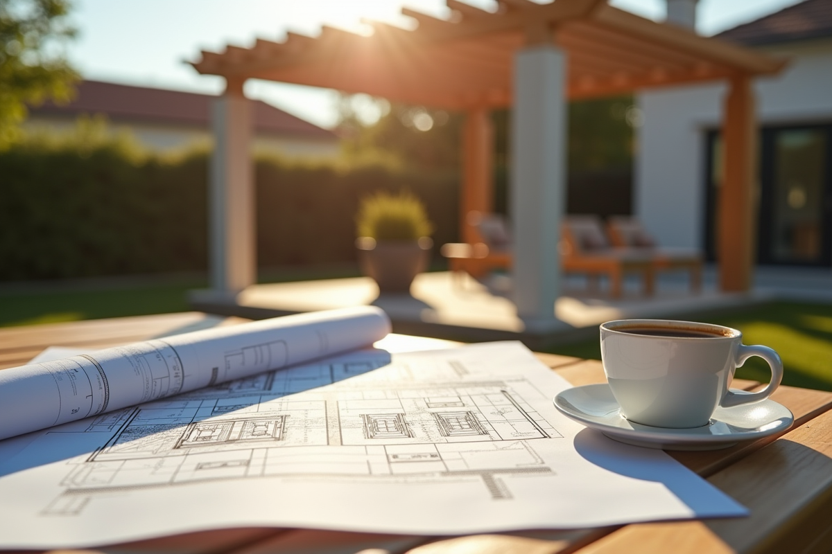 Plan de construction de pergola avec outils et café