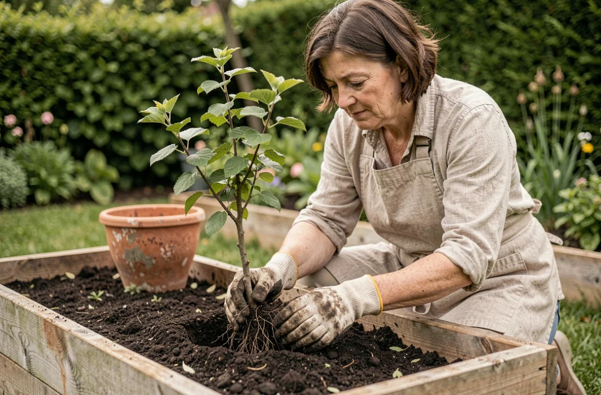 Femme plantant un arbuste Colina Josta dans un potager avec de la terre riche, port d'un tablier de jardinage beige et de gants