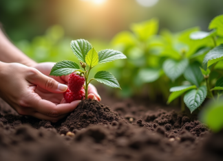 Main plantant une framboise dans la terre humide du jardin