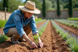 Jardinière plantant un pied de lavande dans un rang régulier tracé à la ficelle dans un jardin provençal