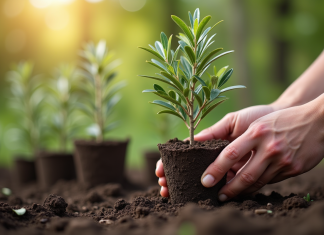 Mains de jardinier plantant des jeunes oliviers en pots