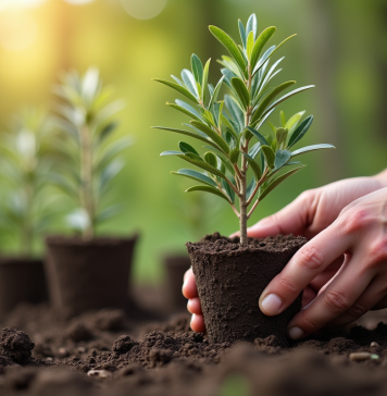 Mains de jardinier plantant des jeunes oliviers en pots