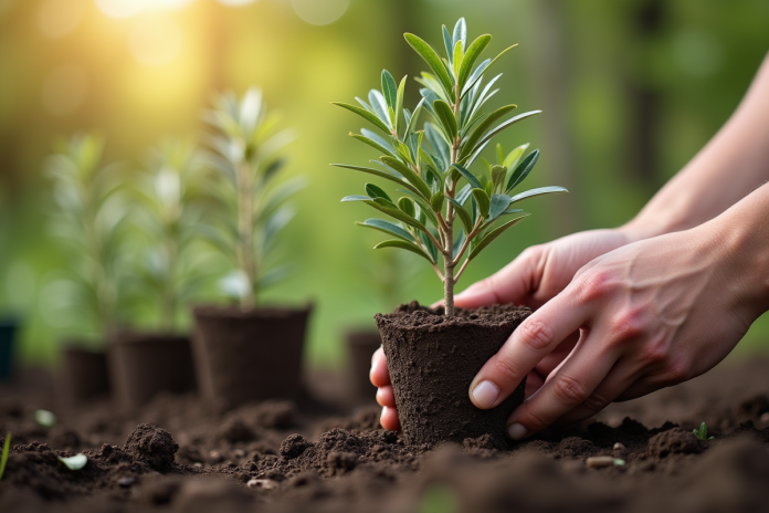 Mains de jardinier plantant des jeunes oliviers en pots