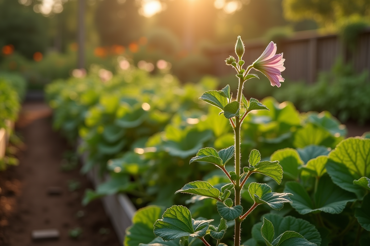 Plante en L avec fleurs délicates et feuilles vertes dans un potager