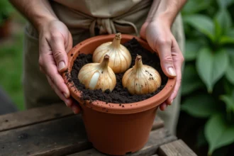 Mains de jardinier plaçant trois bulbes de lys oriental dans un pot en terre cuite rempli de terreau