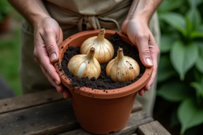 Mains de jardinier plaçant trois bulbes de lys oriental dans un pot en terre cuite rempli de terreau