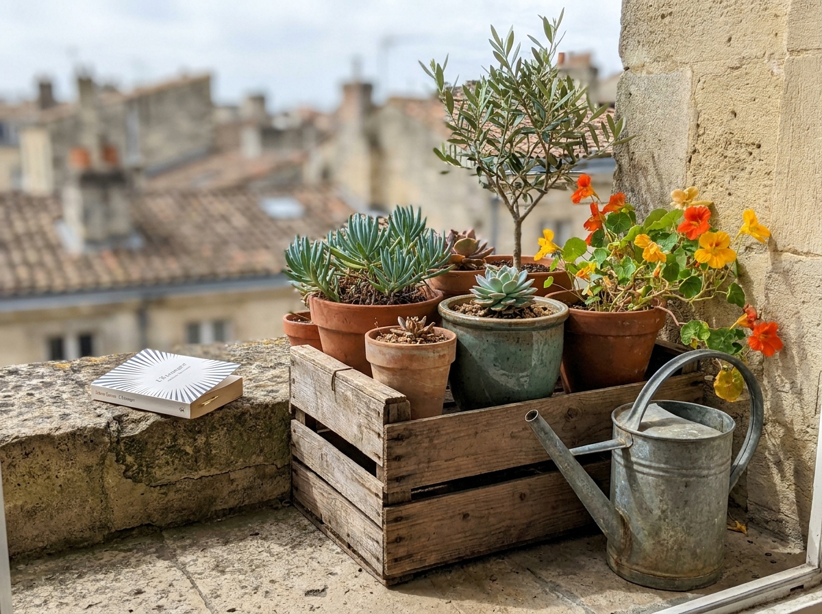 Arrangement de plantes en pot sur un balcon bordelais incluant succulentes, olivier et capucines sur une caisse en bois récupérée.