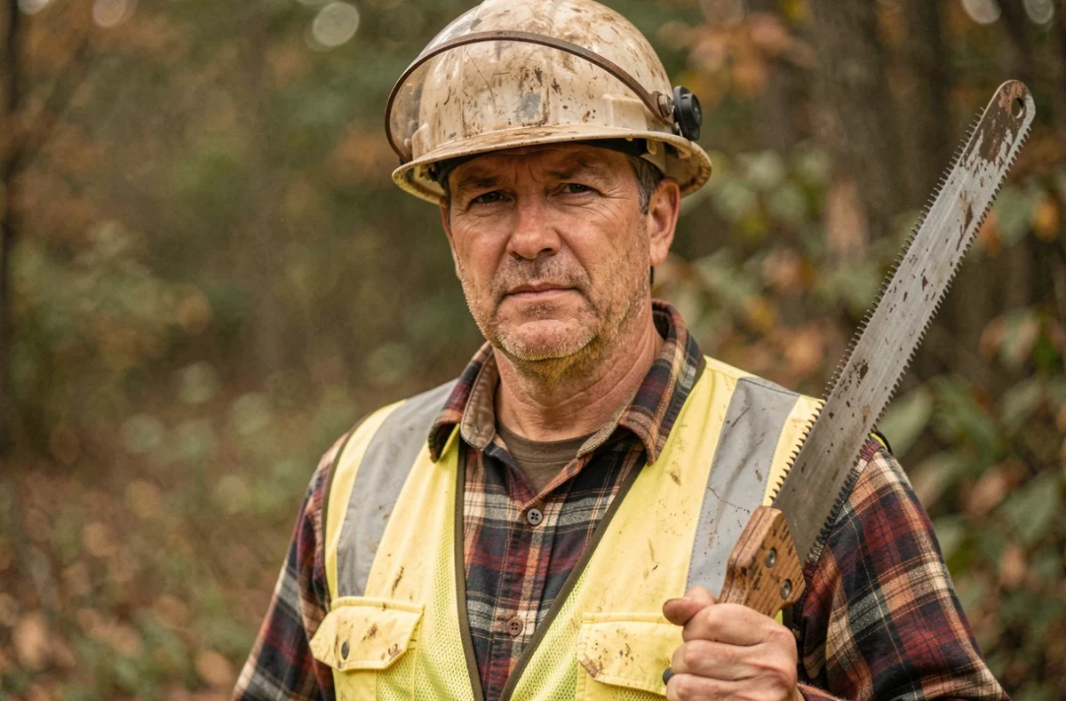 Portrait d'un élagueur expérimenté en équipement de protection individuelle tenant une scie d'élagage en forêt