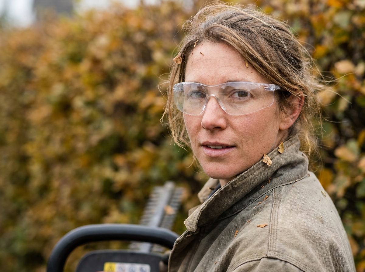 Portrait en gros plan d'une femme portant des lunettes de sécurité pour se protéger lors de la taille de haies en automne
