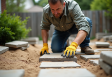 Homme en vêtements casual pose un pavé dans un jardin