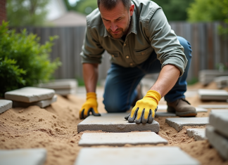 Poser des dalles sur du sable : conseils et précautions à prendre Homme en vêtements casual pose un pavé dans un jardin