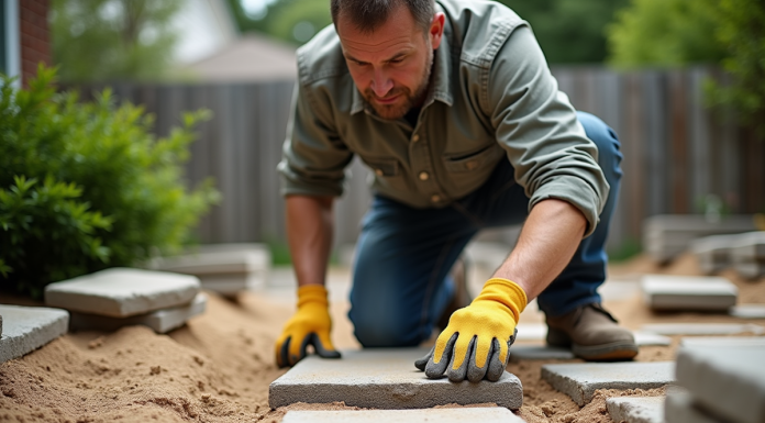 Homme en vêtements casual pose un pavé dans un jardin
