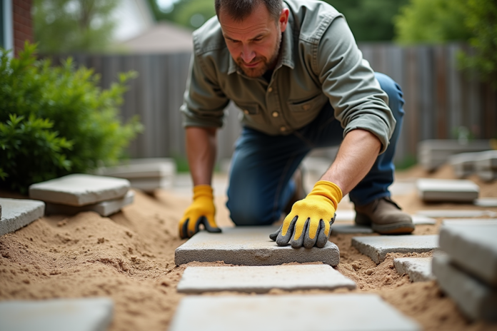 pose-pave-concret-jardin Homme en vêtements casual pose un pavé dans un jardin