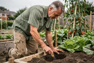 Homme installant un pieu en bois dans le sol d'un potager pour poser un grillage sans ciment