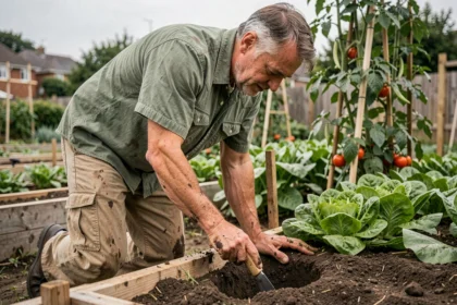 Homme installant un pieu en bois dans le sol d'un potager pour poser un grillage sans ciment