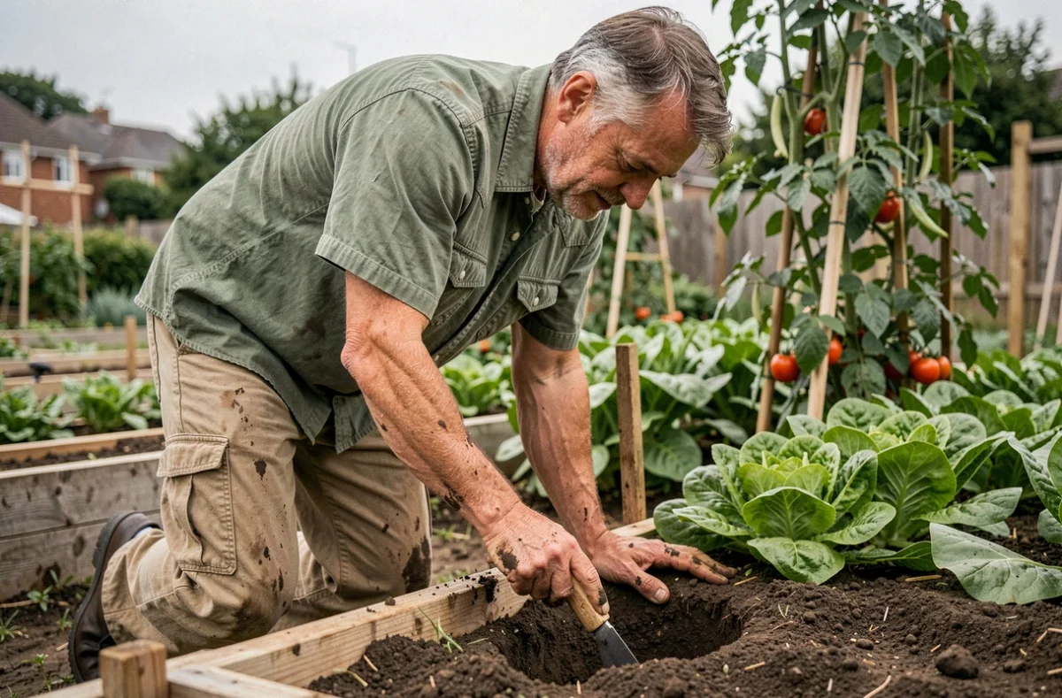Homme installant un pieu en bois dans le sol d'un potager pour poser un grillage sans ciment