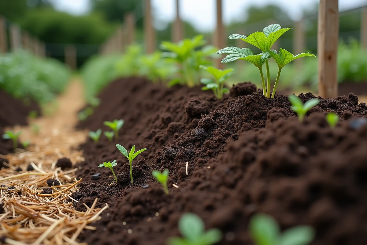 Gros plan sur des pousses de pommes de terre sur une butte haute avec sol humide et paillage de paille