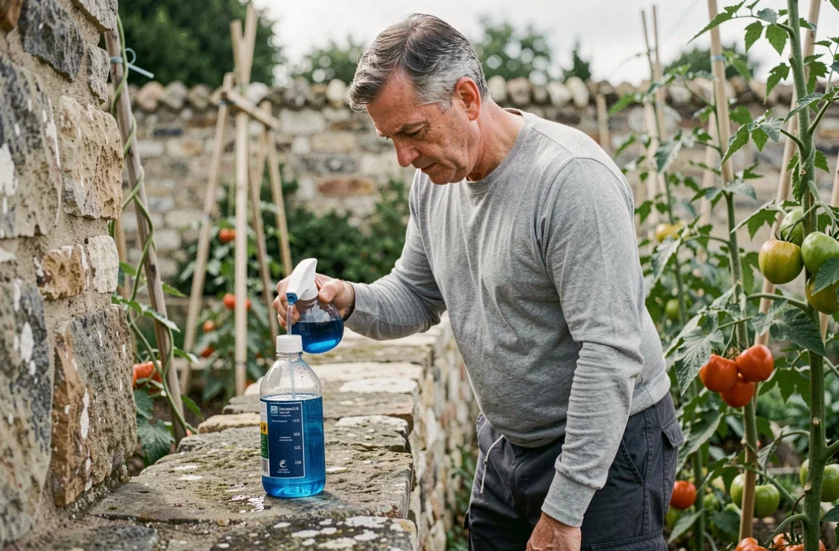 Homme préparant la bouillie bordelaise dans un pulvérisateur d'un litre au jardin potager