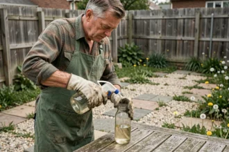 Homme préparant un désherbant maison à base de vinaigre dans son jardin avec des mauvaises herbes entre les dalles