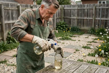 Homme préparant un désherbant maison à base de vinaigre dans son jardin avec des mauvaises herbes entre les dalles