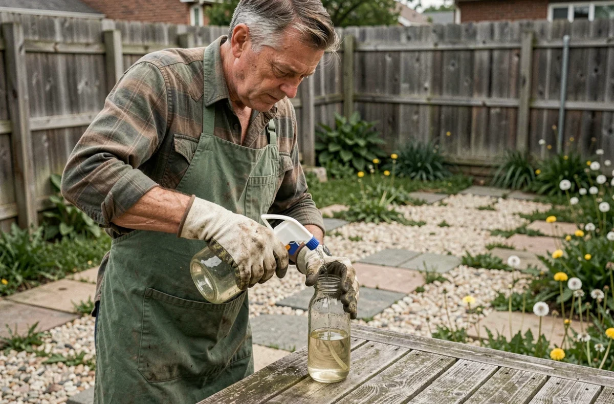 Homme préparant un désherbant maison à base de vinaigre dans son jardin avec des mauvaises herbes entre les dalles