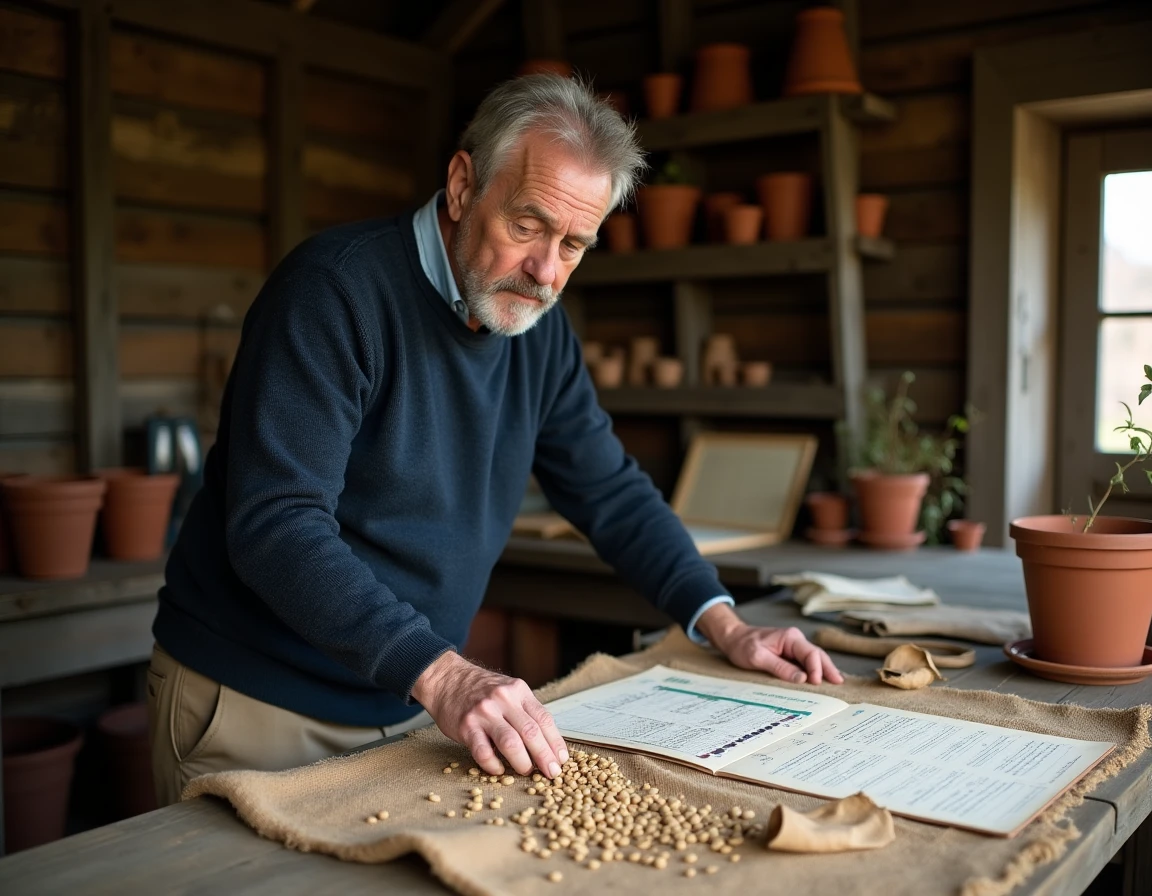 Jardinier organisant des semences de fèves dans un cabanon de jardin avec calendrier de semis régional
