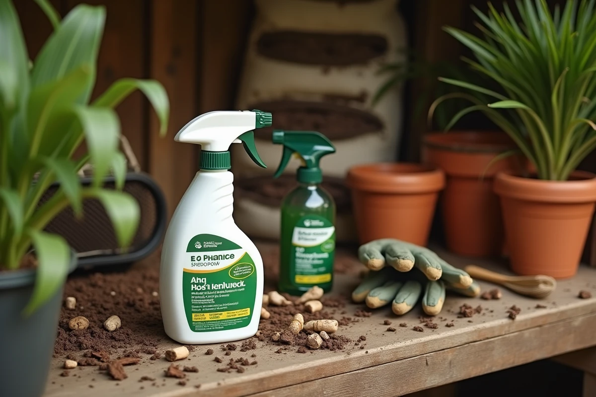 Produit insecticide biologique contre les larves de papillon palmier posé sur un établi de jardinage avec gants et pulvérisateur