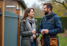 Hommes en overalls discutant clôture avec famille devant maison