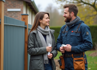 Clôture : Qui contacter pour une installation efficace en France ? Hommes en overalls discutant clôture avec famille devant maison