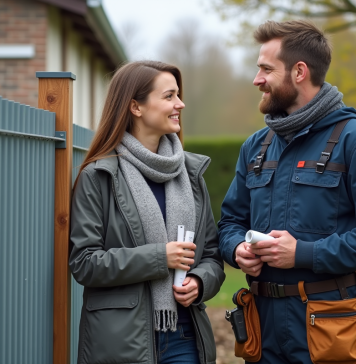 Clôture : Qui contacter pour une installation efficace en France ? Hommes en overalls discutant clôture avec famille devant maison