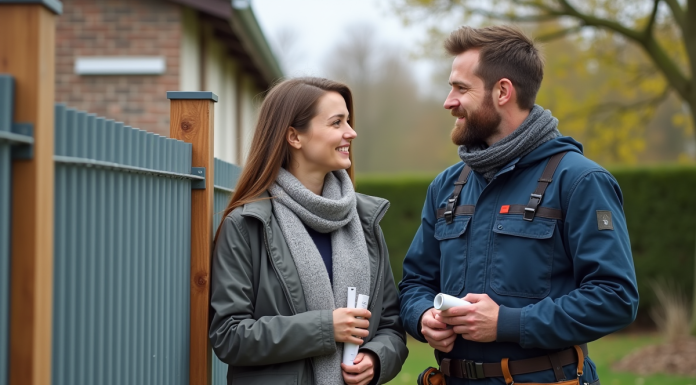 Hommes en overalls discutant clôture avec famille devant maison