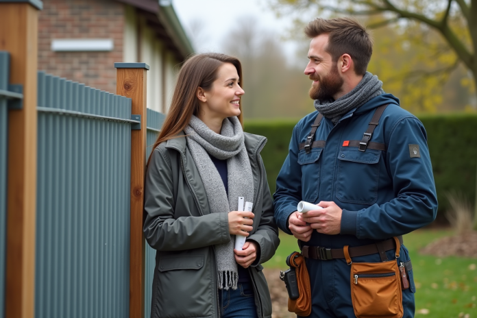 Hommes en overalls discutant clôture avec famille devant maison