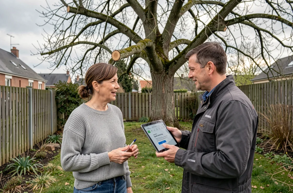 Propriétaire discutant du budget d'élagage d'un noyer avec un arboriste dans son jardin en Mayenne
