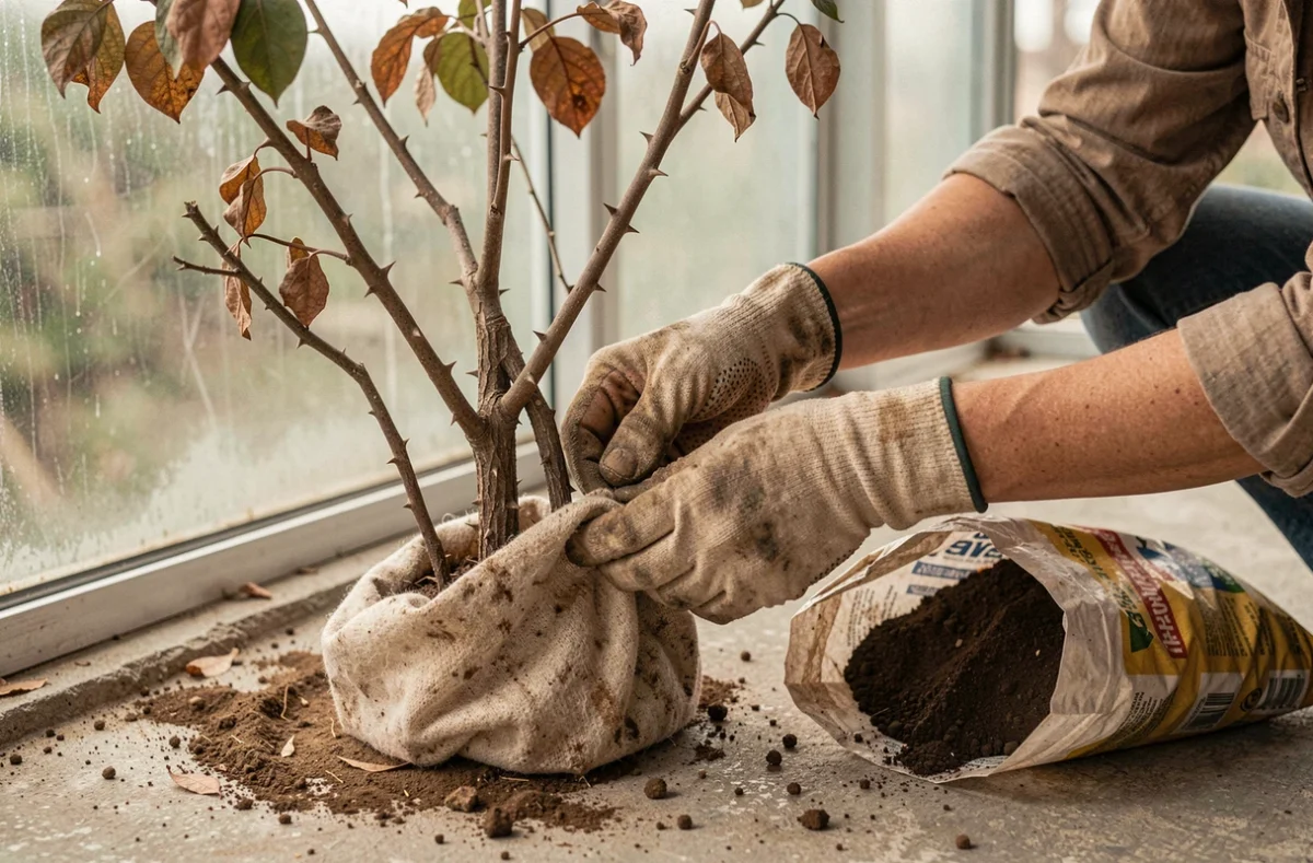 Jardiniére enveloppant un bougainvillier de voile d'hivernage dans une véranda froide, geste de protection contre le gel