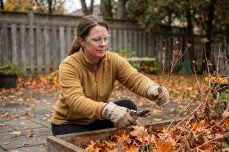 Femme portant des lunettes de protection et des gants de jardinage pendant la taille des plantes en automne
