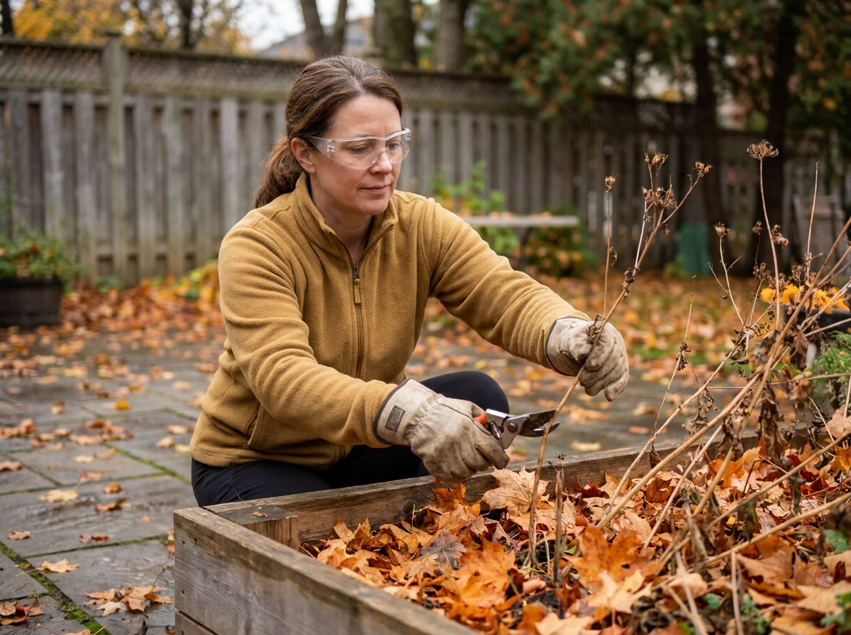 Femme portant des lunettes de protection et des gants de jardinage pendant la taille des plantes en automne