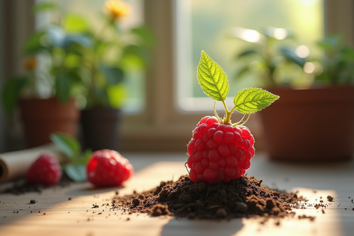 Rameau de framboise avec racines en développement sur une table en bois
