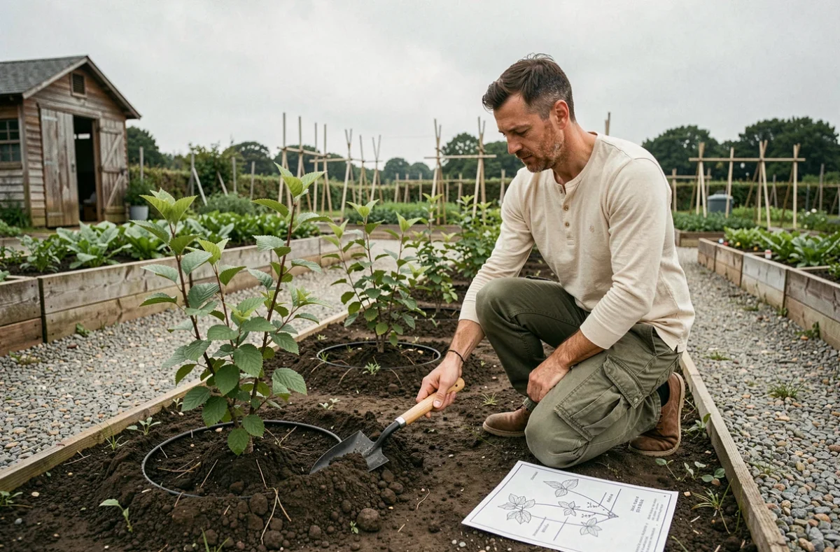 Homme en train de planter une rangée d'arbustes Colina Josta dans un potager spacieux avec allées en gravier et cabane de jardin en arrière-plan
