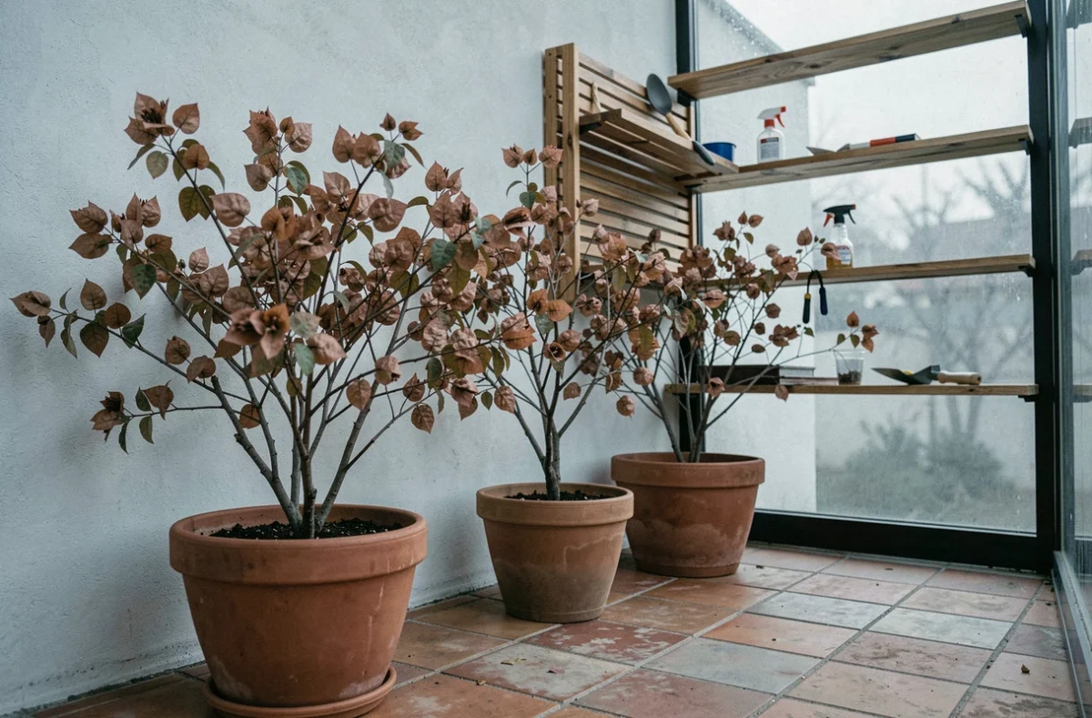 Rangée de bougainvilliers en pots hivernant dans une véranda non chauffée, feuillage clairsemé et tiges ligneuses en dormance hivernale