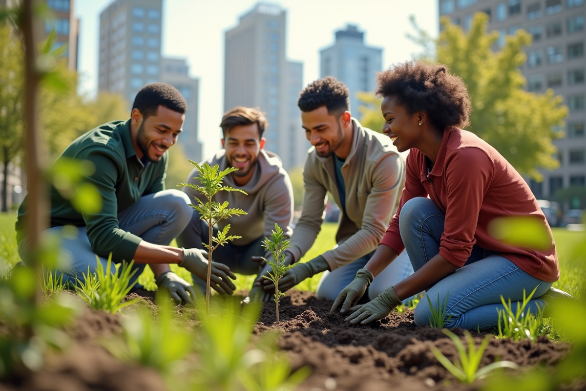 Groupe de personnes plantant des arbres en ville