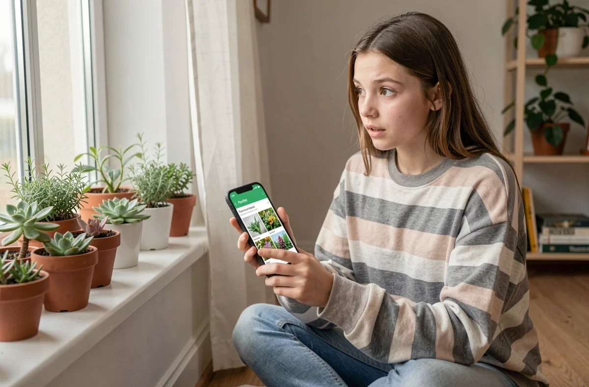 Adolescente utilisant PlantNet sur Android en intérieur pour reconnaître ses succulentes et plantes d'appartement