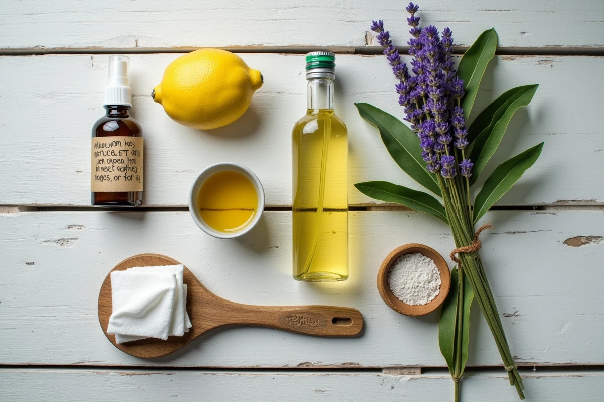 Vue du dessus d'un assortiment de remèdes naturels contre les cochenilles du citronnier posés sur une table de jardin en bois patiné