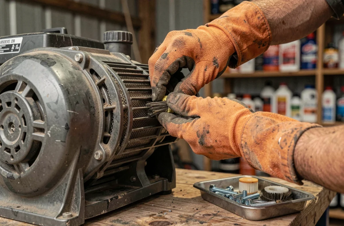Gros plan sur des mains en gants remplaçant le filtre à air d'une fendeuse de bois électrique