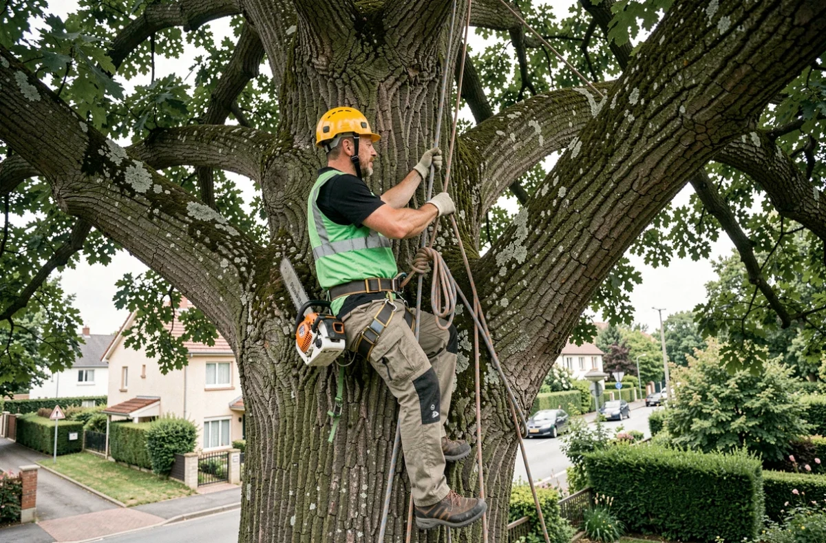 Arboriste de l'entreprise Renard Élagage en train d'élaguer un grand arbre dans le 93
