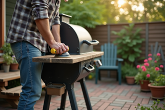 Homme d'âge moyen réparant un barbecue dans un jardin